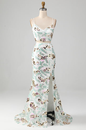 White Two-Piece Sparkly Mermaid Ball Dress with Slit